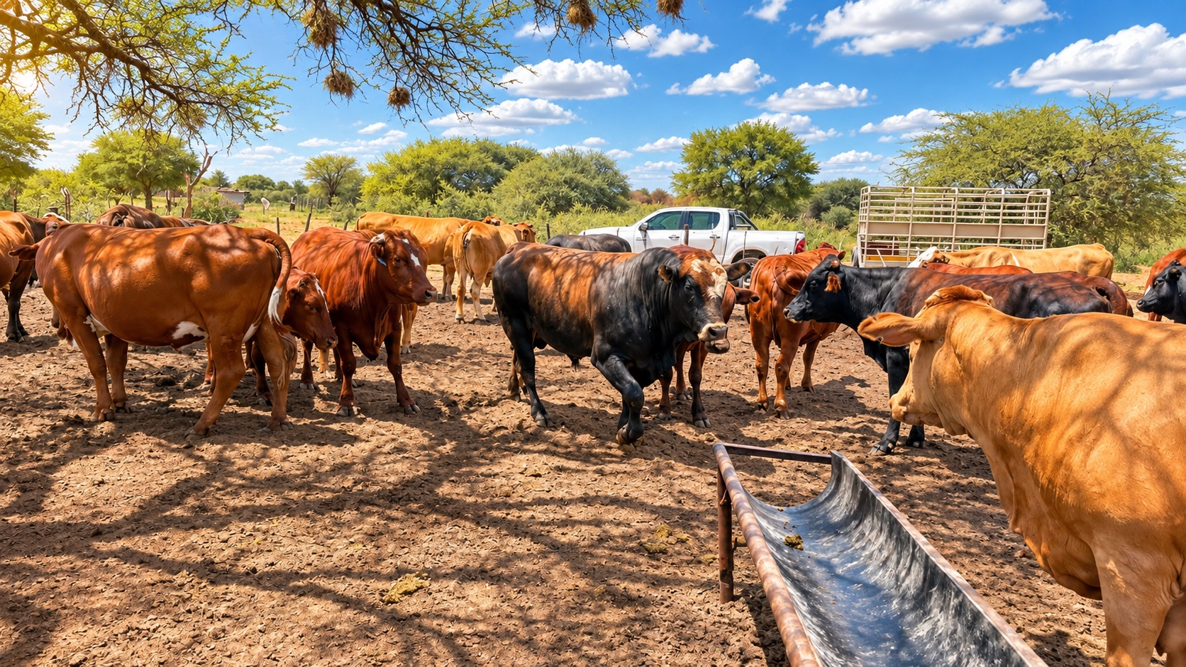 Ofentseboka cattle gathered around a trough beneath trees at the farm